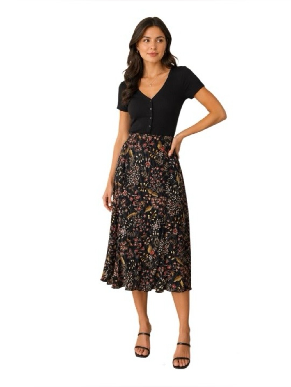 Naf Naf Dark Floral Print Midi Skirt